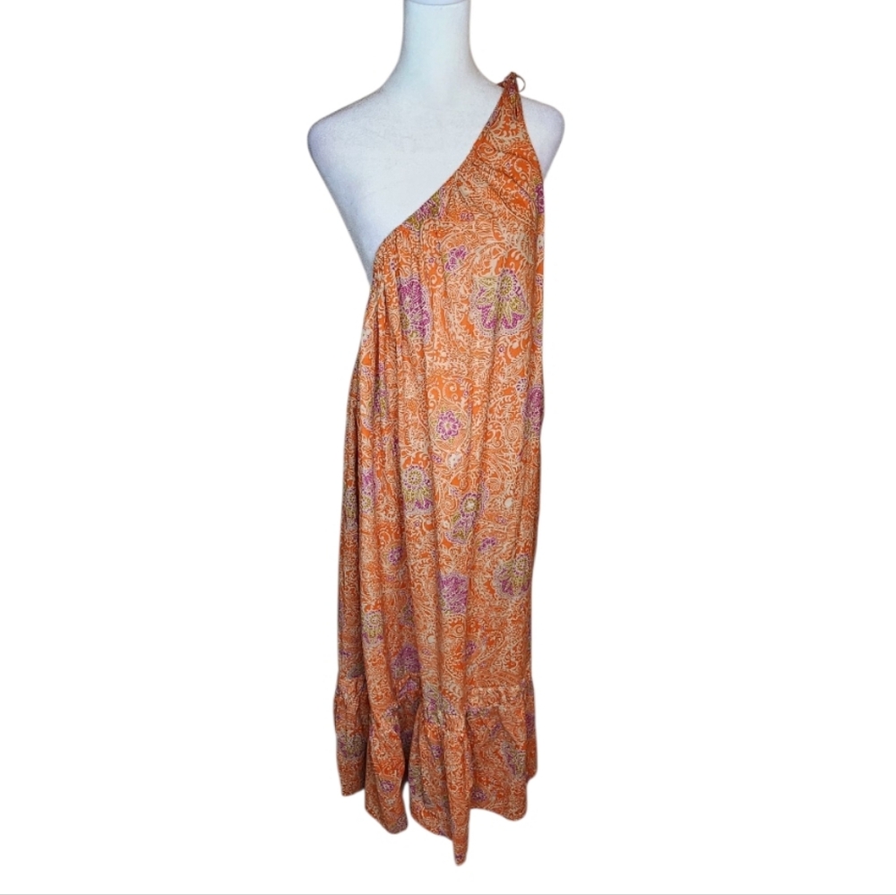 Zara One Shoulder Orange Paisley Maxi Dress Size Large